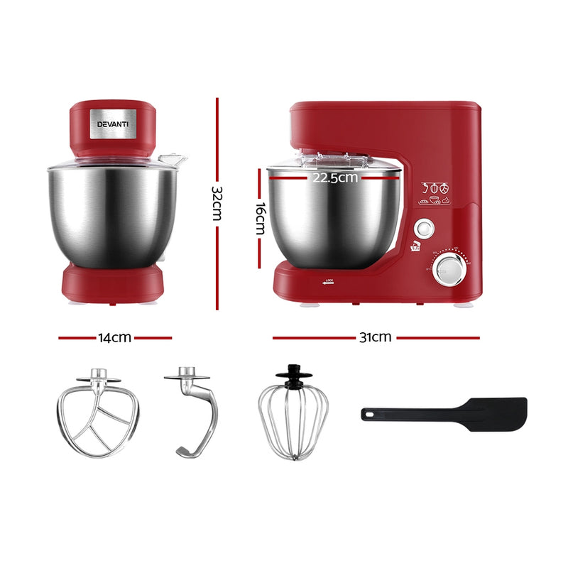 Devanti Electric Stand Mixer 1200W Kitche Beater Cake Aid Whisk Bowl Hook Red