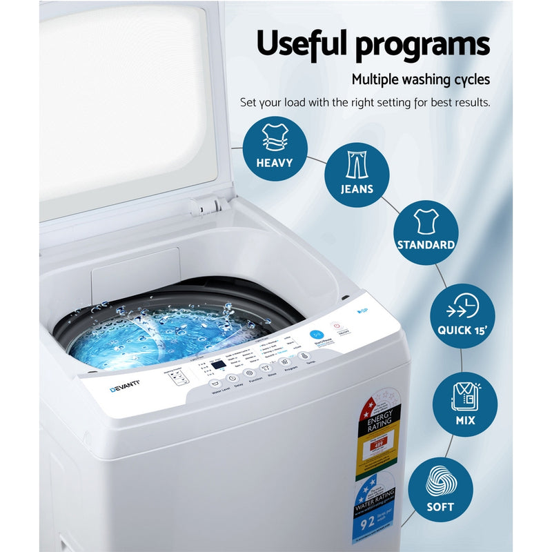 Devanti 7kg Top Load Washing Machine Quick Wash 24h Delay Start Automatic