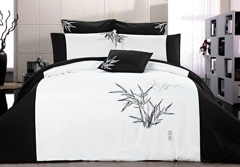 Queen Size Embroidered Bamboo Pattern White Quilt Cover Set (3PCS)
